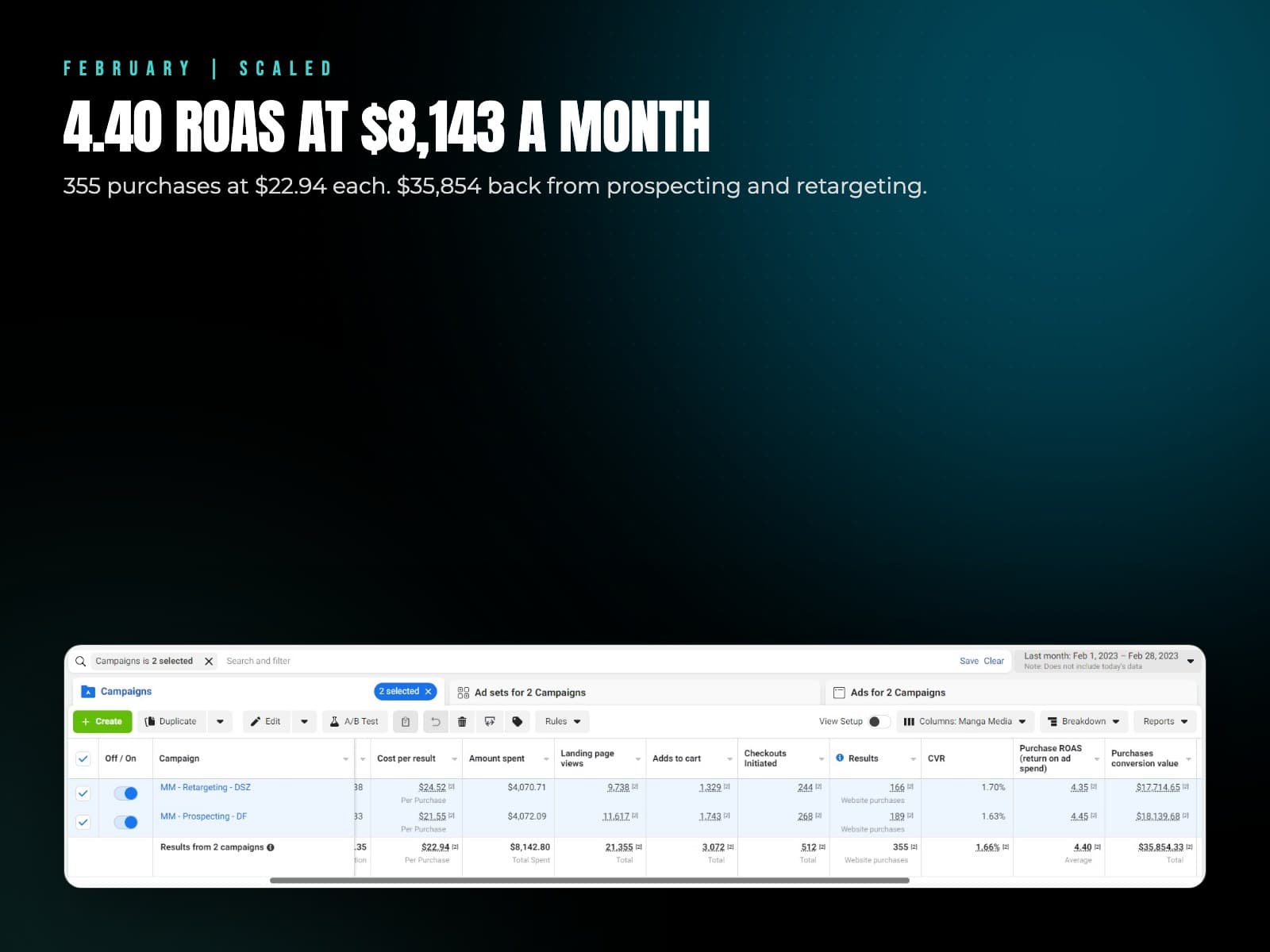 February: prospecting and retargeting campaigns at a 4.40 return on ad spend