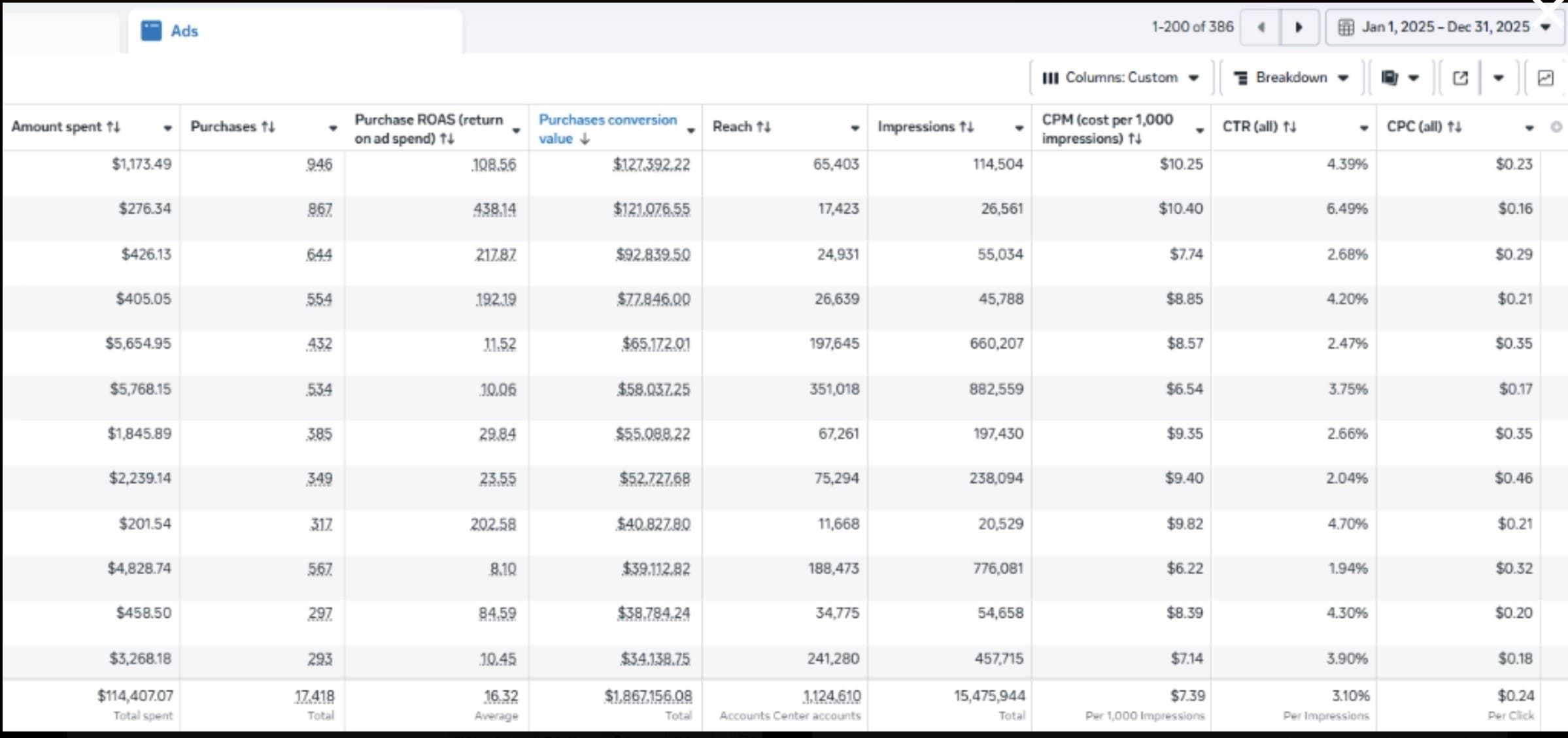 Meta Ads Manager, Waydamin ads ranked by purchase value, January to December 2025
