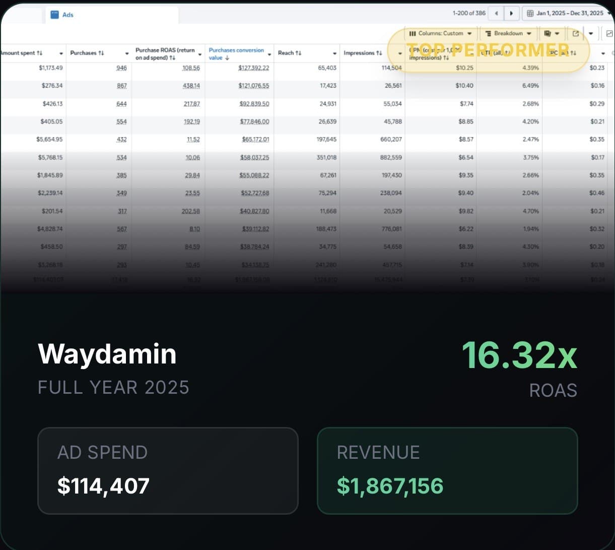 Waydamin full year 2025: $114,407 in ad spend, $1,867,156 in revenue, 16.32x return on ad spend
