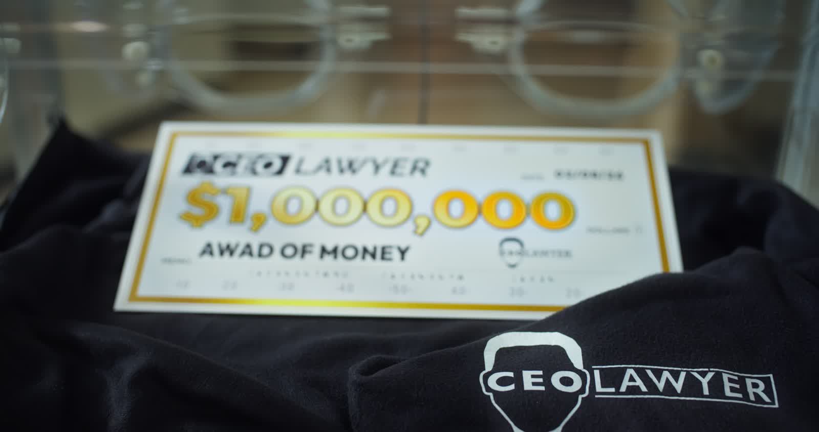 CEO Lawyer branded settlement check from the Super Bowl campaign