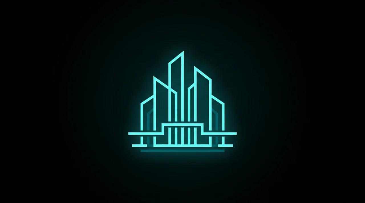 Corporate law emblem: angular skyline towers on a connecting line